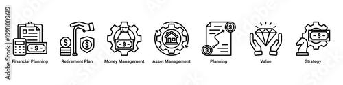 Financial Plan banner with financial planning,retirement plan,money management,asset management,planning,value and strategy icons for business and finance concept