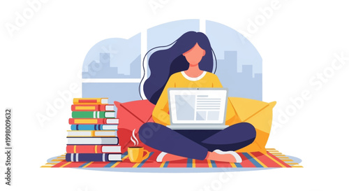 Woman sitting with laptop and books.