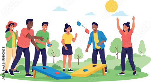 Friends play cornhole on a sunny outdoor recreational park with beanbag toss boards.