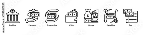 Banking System banner with banking,payment,transaction,wallet,money,cash flow and fee icons for fintech and digital finance concept