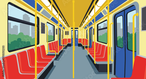 An interior view of a brightly colored subway car with rows of empty red seats and blue accents