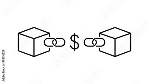 Blockchain DeFi Lending and Cryptocurrency Finance Concept Vector Icon Illustration with Editable Stroke. Minimalist Black Line Art of Linked Blocks and Dollar Sign for Digital Banking and Fintech.