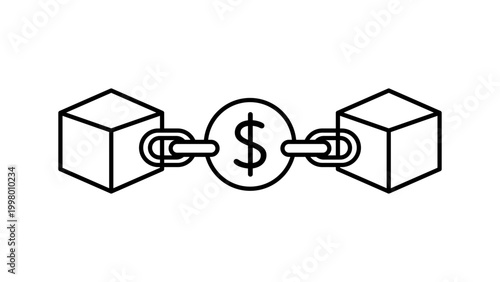 Schilderij op canvas Blockchain Technology and DeFi Lending Minimalist Black Line Vector Icon Featuring Linked Blocks and Dollar Coin on White Background, Editable Stroke Illustration for Finance and Fintech