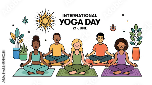 People practice yoga on mats in a serene outdoor setting with plants and sunshine on International Yoga Day.