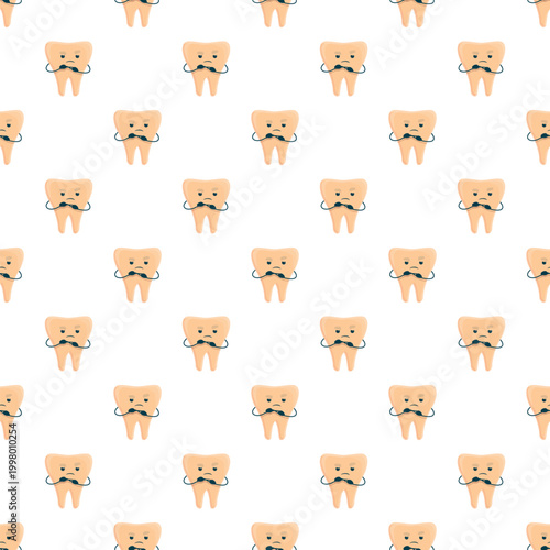 Repeating cute sad teeth characters with mustaches creating a dental background