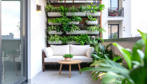 Small Urban Balcony Garden with Vertical Plant Wall and Cozy Seating Corner