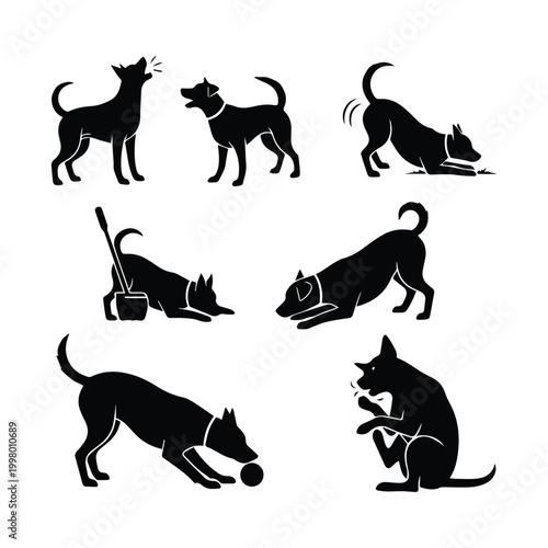Collection of dog silhouette icons showing various playful actions and poses