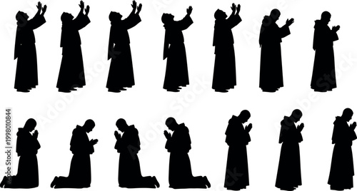 Silhouettes of Monks in Prayer and Worship Positions Representing Spirituality Faith Devotion Meditation and Religious Rituals for Vector Stock Design