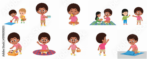 Collection of African American Boy Character Illustrations in Various Picnic Poses, Sharing Food and Sitting on a Blanket, Flat Vector Illustration