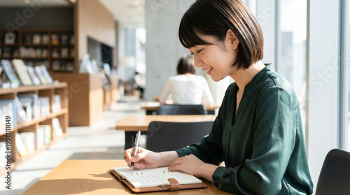 手帳にスケジュールを書き込む女性、カフェでの時間管理と自己管理