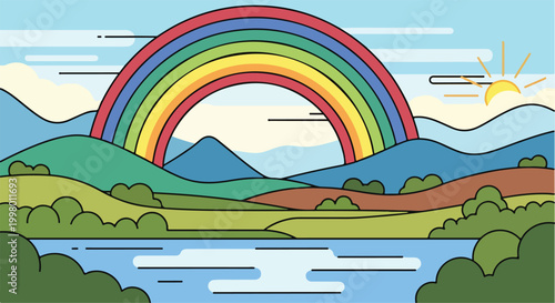 A serene landscape with a vibrant rainbow over a lake and rolling hills