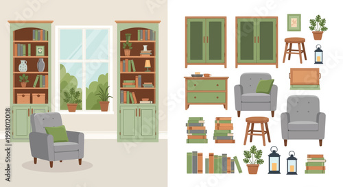 Stylized illustration of interior design elements including bookshelves furniture and decorative plants high quality professional