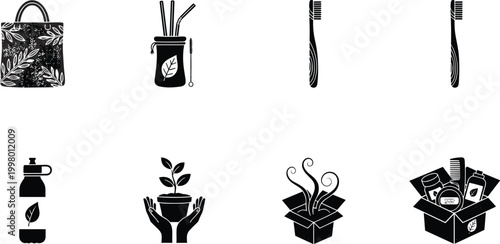 Eco friendly reusable shopping bag straws toothbrush water bottle plant growth sustainable lifestyle zero waste green environment illustration vector