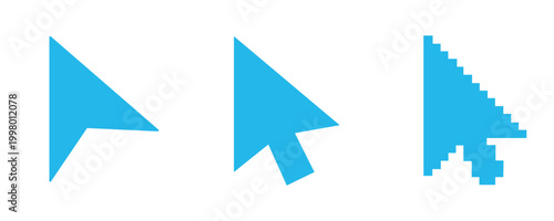 Three blue computer mouse cursor shapes in different styles on a white background for design and interface concepts
