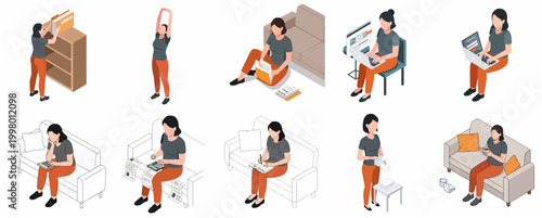 Isometric Illustration Set of a Woman Managing Remote Work, Personal Finance, and Home Office Tasks