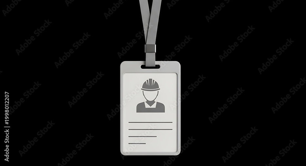 Obraz premium A gray ID badge with a person wearing a hard hat, hanging from a gray lanyard on black