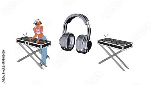 Female DJ character performing on a turntable station and professional silver headphones set. Creative music producer illustration for podcast, radio, and electronic music branding.