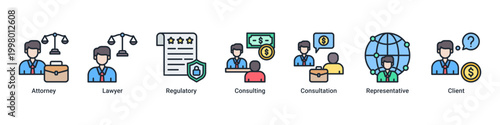 Legal Advisory banner with attorney,lawyer,regulatory,consulting,consultation,representative and client icons for legal service concept