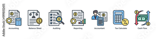 Accounting System banner with accounting,balance sheet,auditing,reporting,tax calculation and cash flow icons for corporate finance concept