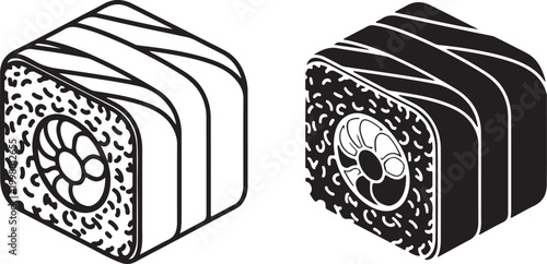 Salmon Sushi Roll Icon Set in Line and Silhouette Style for Japanese Restaurant Menu Design