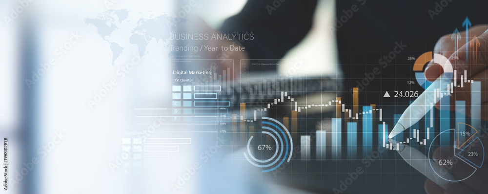 Fototapeta premium Business analytics dashboard with charts and graphs, hands interacting on tablet, data analysis, marketing performance and financial insights.
