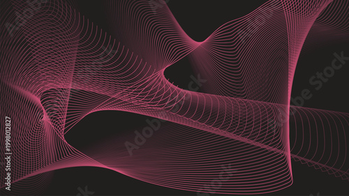 Abstract pink curved wave lines on black background fluid layered ribbon light trail design