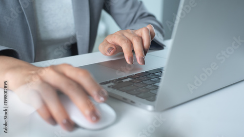 Sticker Businesswoman working on laptop, hand holding and clicking wireless mouse, surfi