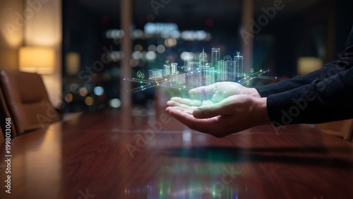 Visionary hands present a glowing digital smart city hologram in a modern conference room, symbolizing advanced urban development, future technology, and strategic business planning