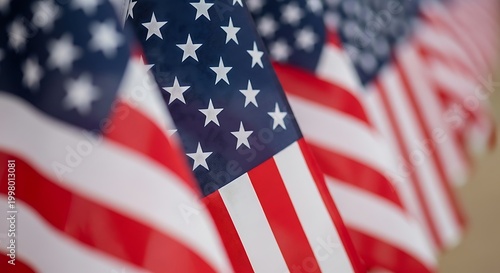 Closeup of multiple american flags arranged in a row
