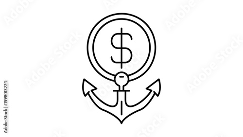 Stablecoin USD Minimalist Black Line Vector Icon on White Background Representing a Coin with a Dollar Sign and Anchor for Financial Stability and Security, Editable Stroke Design Illustration.
