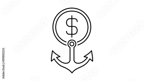 Stablecoin USD Minimalist Black Line Vector Icon on White Background Representing a Coin with a Dollar Sign and Anchor for Financial Stability and Crypto Peg, Editable Stroke Illustration.