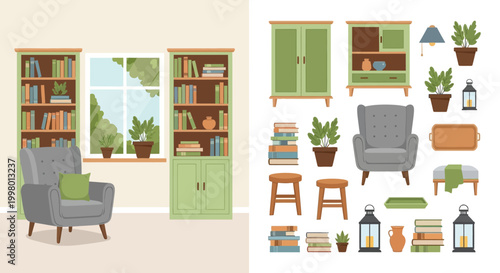 A cozy living room interior with bookshelves comfortable chairs and decorative plants is illustrated