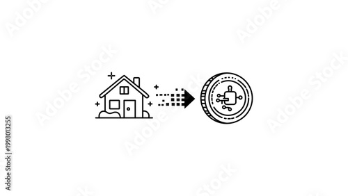 Tokenized Real Estate Asset Concept with House Icon Transforming into Digital Coin via Pixelated Arrow, Minimalist Black Line Art Illustration with Editable Stroke Vector on White Background.