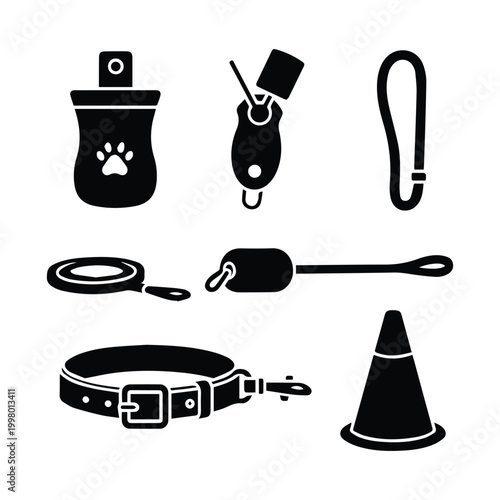 Dog grooming and training equipment icons featuring shampoo, tag, leash, collar, and cone