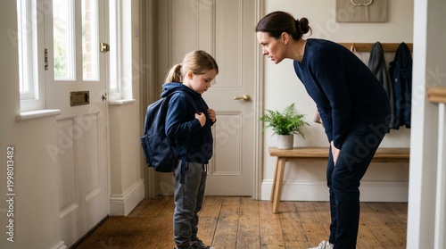Mother scolding child at home entrance with backpack on floor  