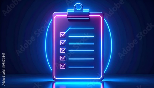 Glowing checklist on digital clipboard, representing to-do lists, project planning, and successful task tracking.
