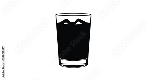 Minimalist vector graphic illustration of a refreshing glass containing dark liquid with floating ice cubes designed with sharp clean lines for modern projects that require a simple beverage icon feat