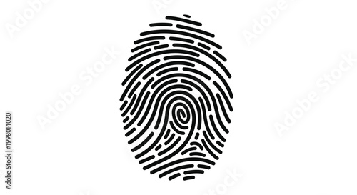 A stylized black fingerprint illustration with concentric lines and a swirling center pattern is shown