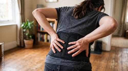 Fotografie Woman wearing lumbar support belt at home suffering from lower back pain