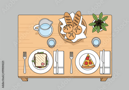A table with food and drinks on it