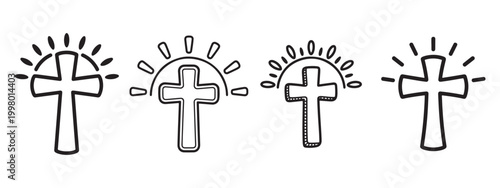 Simple Hand-Drawn Christian Cross with Light Rays Set: Minimalist Black and White Religious Line Art Icons Featuring Spiritual Sunburst Elements for Faith-Based Design and Church Projects