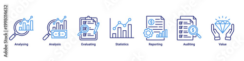 Data Analysis banner with analysing,analysis,evaluating,statistics,reporting,auditing and value icons for business analytics concept