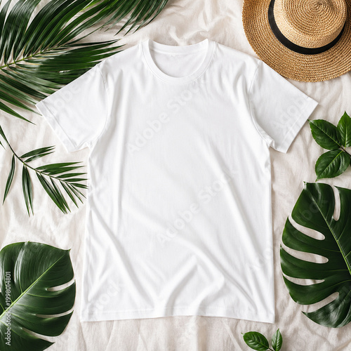 Photorealistic flat lay mockup of a plain white t-shirt centered on a light neutral fabric background, surrounded by tropical green leaves and a straw hat in the top corner. Soft natural lighting.