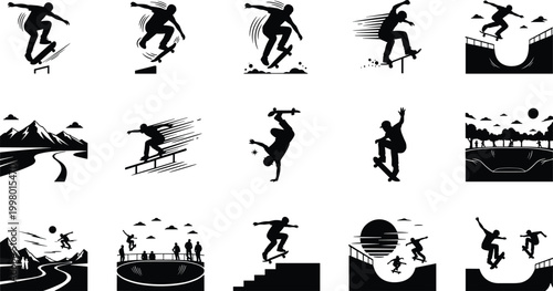 Skateboarding tricks ramps rails flips dynamic motion outdoor skate park mountains roads sun clouds silhouette illustration vector