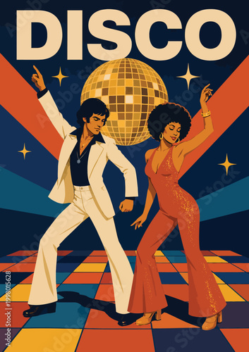 Fotografía 081-14-Funky couple dancing showing vintage 1970s fashion and afro hairstyles