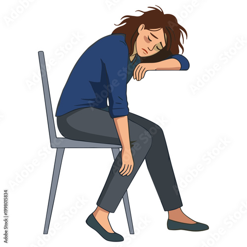 A woman sits on a chair with her head resting on her arm looking sad