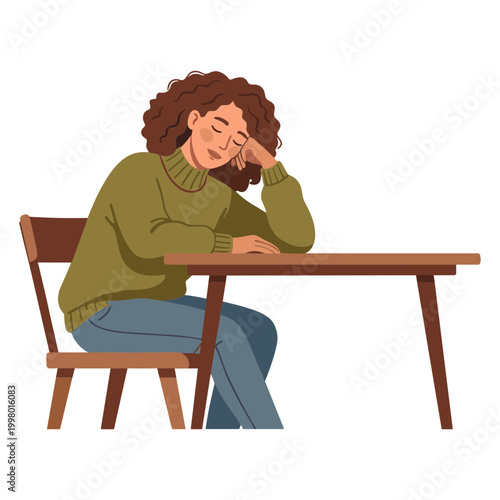 A woman sits at a table, looking stressed and bored in a relaxed environment.