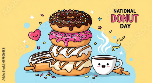 Colorful stack of donuts with chocolate and pink frosting heart coffee cup and sprinkles celebrating national donut day