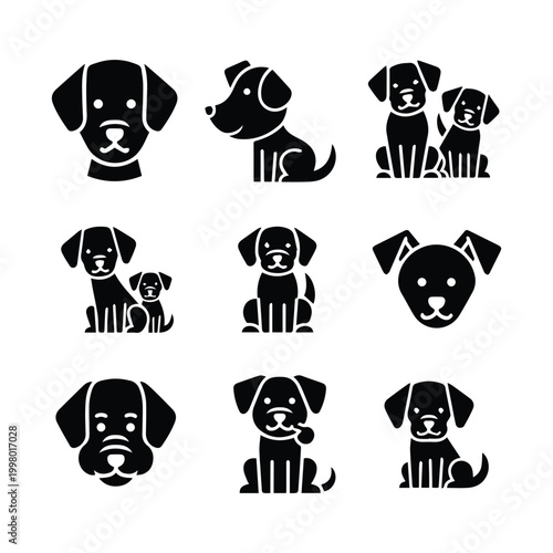Set of minimalist dog character icons showing various canine breeds and sitting positions