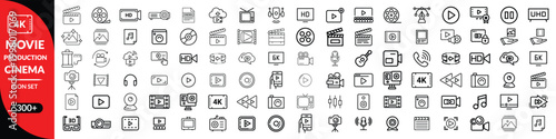 Movie production and cinema line icon set. Vector pictograms of camera, clapboard, film, projector, and screen, thin outline illustration